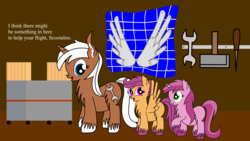 Size: 8000x4500 | Tagged: safe, artist:dinkyuniverse, ruby pinch, scootaloo, g4, absurd resolution, prosthetic wing, workshop