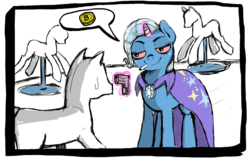 Size: 1076x690 | Tagged: safe, artist:mente, trixie, pony, unicorn, g4, 4chan, cape, clothes, crime, drawthread, drugs, gun, high, joint, marijuana, ponyquin, robbery, simple background, stoned, stoned trixie, sweatdrop, weapon