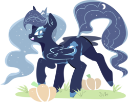 Size: 1142x910 | Tagged: safe, artist:clockworkquartet, nightmare moon, g4, blushing, female, lineless, looking at you, looking back, missing accessory, pumpkin, simple background, solo, transparent background
