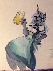 Size: 960x1280 | Tagged: safe, artist:whale, queen chrysalis, changeling, changeling queen, anthro, g4, alcohol, beer, beer stein, clothes, dirndl, dress, female, leaning, solo, traditional art, watercolor painting
