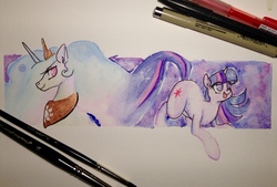 Size: 1280x864 | Tagged: safe, artist:whale, princess celestia, twilight sparkle, g4, traditional art, watercolor painting