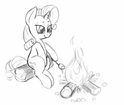 Size: 1280x1085 | Tagged: safe, artist:trickydick, rarity, g4, campfire, cute, female, food, lidded eyes, log, marshmallow, monochrome, sitting, smiling, solo