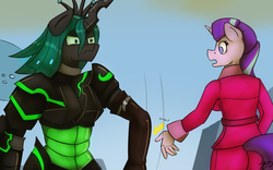 Size: 3200x2000 | Tagged: safe, artist:mopyr, queen chrysalis, starlight glimmer, anthro, g4, to where and back again, armor, denied, high res, scene interpretation