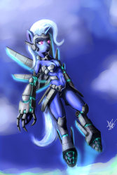 Size: 1600x2400 | Tagged: safe, artist:spannerpaint, trixie, anthro, g4, armor, breasts, cleavage, female, flying, midriff, powered exoskeleton, solo