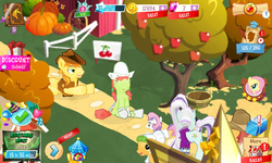 Size: 800x480 | Tagged: safe, gameloft, braeburn, coloratura, fluttershy, half baked apple, peachy sweet, perfect pie, sweetie belle, g4, apple, apple family member, apple tree, countess coloratura, food, pumpkin, tree, vip