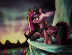 Size: 1295x999 | Tagged: safe, artist:not-ordinary-pony, princess cadance, alicorn, pony, g4, alternate hairstyle, alternate universe, clothes, crystal empire, evil, evil cadance, female, glowing eyes, jewelry, peytral, shoes, solo, sombra eyes, tiara