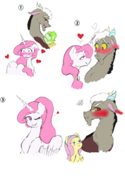 Size: 2480x3508 | Tagged: safe, artist:miyathegoldenflower, discord, fluttershy, princess celestia, g4, blushing, fluttershipper, foal, glasses, heart, high res, male, pink-mane celestia, ship:dislestia, shipper on deck, shipping, straight, younger