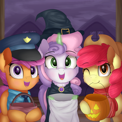 Size: 2000x2000 | Tagged: safe, artist:vanillaghosties, apple bloom, scootaloo, sweetie belle, earth pony, pegasus, pony, unicorn, g4, adorabloom, clothes, costume, cowboy hat, cowgirl, cute, cutealoo, cutie mark crusaders, diasweetes, female, filly, glowing horn, halloween, hat, high res, holiday, horn, looking at you, magic, nightmare night, one eye closed, police, pumpkin bucket, telekinesis, trick or treat, trio, witch