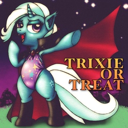 Size: 1280x1280 | Tagged: safe, artist:remyroez, trixie, pony, unicorn, vampire, vampony, g4, armpits, bipedal, clothes, costume, female, halloween, leotard, magician outfit, nightmare night, nightmare night costume, solo, standing on two hooves, trick or treat, trixie's leotard