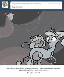 Size: 666x800 | Tagged: safe, artist:egophiliac, princess luna, oc, oc:serenitatis, giant squid, sea pony, moonstuck, g4, anguilla armor, carrying, cartographer's cutlass, filly, food, grayscale, monochrome, pie, popeye arms, tentacles, wide eyes, woona, younger