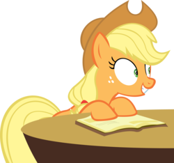 Size: 11621x10888 | Tagged: safe, artist:cyanlightning, applejack, every little thing she does, g4, .svg available, absurd resolution, book, female, fiducia compellia, hat, hypnosis, hypnotized, simple background, solo, table, transparent background, vector