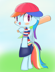 Size: 1000x1309 | Tagged: safe, artist:p-skink, rainbow dash, pony, g4, baseball bat, baseball cap, bipedal, earthbound beginnings, female, hat, ninten, solo