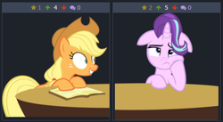 Size: 489x267 | Tagged: safe, screencap, applejack, starlight glimmer, pony, derpibooru, g4, book, floppy ears, juxtaposition, juxtaposition win, meme, meta