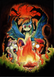 Size: 2000x2830 | Tagged: dead source, safe, artist:ecmonkey, apple bloom, rainbow dash, scootaloo, sweetie belle, earth pony, pegasus, pony, unicorn, g4, campfire, cutie mark crusaders, female, filly, fire, gasp, ghost story, high res, mare, open mouth, scared, screaming, volumetric mouth