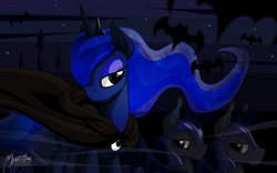 Size: 2560x1600 | Tagged: safe, artist:mysticalpha, princess luna, bat, bat pony, pony, g4, cloak, clothes, hair over one eye, lidded eyes, night guard