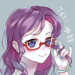 Size: 600x600 | Tagged: safe, artist:usami, rarity, equestria girls, g4, female, glasses, glasses rarity, nail polish, pixiv, playing with hair, smiling, solo
