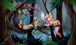 Size: 3000x1800 | Tagged: safe, artist:scarlet-spectrum, discord, fluttershy, g4, duo, eyes closed, smiling, tickling, tree