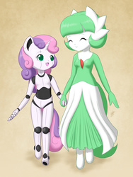 Size: 900x1200 | Tagged: safe, artist:jdan-s, coco pommel, sweetie belle, gardevoir, robot, anthro, friendship is witchcraft, g4, clothes, cocobetes, cosplay, costume, cute, diasweetes, nightmare night, pokémon, sweetie bot