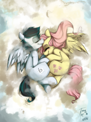 Size: 1536x2048 | Tagged: safe, artist:tamyarts, fluttershy, oc, pegasus, pony, g4, canon x oc, cloud, cuddling, shipping, snuggling