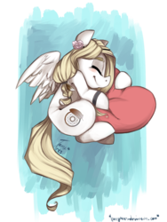 Size: 1536x2048 | Tagged: safe, artist:tamyarts, oc, oc only, oc:hunter dreams, pegasus, pony, cute, flower, flower in hair, heart pillow, hug, ocbetes, pillow, solo