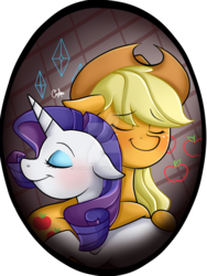 Size: 1024x1365 | Tagged: safe, artist:luna829, applejack, rarity, earth pony, pony, unicorn, g4, applejack's hat, cowboy hat, eyes closed, female, hat, hug, lesbian, mare, ship:rarijack, shipping, smiling, watermark