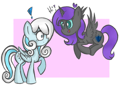 Size: 4725x3569 | Tagged: safe, artist:forestheart74, oc, oc only, oc:nyx, oc:snowdrop, alicorn, pegasus, pony, fanfic:past sins, alicorn oc, exclamation point, this will end in timeline distortion