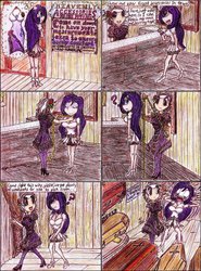 Size: 1024x1382 | Tagged: safe, artist:meiyeezhu, rarity, oc, oc:coffin sweets, human, anime, bowtie, carpentry, casket, clothes, coffin, comic, cross, curtains, desk, door, dress, flower, goth, gothic, high heels, humanized, measuring, measuring tape, misinterpretation, old master q, parody, receptionist, reference, rose, scared, shocked, shop, shopping, sign, speechless, stockings, storage, surprised, traditional art, wooden floor, woodwork