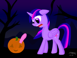 Size: 2048x1536 | Tagged: safe, artist:cnfamasepic, pinkie pie, twilight sparkle, alicorn, pony, g4, halloween, holiday, jack-o-lantern, pinkie being pinkie, pinkie physics, pumpkin, surprised, twilight sparkle (alicorn)
