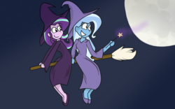 Size: 827x515 | Tagged: safe, artist:rozzertrask, starlight glimmer, trixie, equestria girls, g4, broom, equestria girls-ified, flying, flying broomstick, full moon, hat, magic, moon, night, night sky, sitting, smiling, stars, wand, witch, witch hat