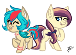 Size: 314x227 | Tagged: safe, artist:peaceouttopizza23, oc, oc only, oc:cherry bomb, oc:lunar lily, bat pony, pony, chibi, cute, duo, freckles, offspring, one eye closed, parent:oc:sweet hum, parent:oc:swift edge, parents:oc x oc, parents:sweetedge, sassy, simple background, tongue out, transparent background, wink