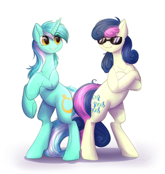 Size: 1900x2000 | Tagged: safe, artist:peachmayflower, bon bon, lyra heartstrings, sweetie drops, earth pony, pony, unicorn, g4, bipedal, crossed arms, duo, looking at each other, rearing, simple background, smiling, smirk, smug, sunglasses, underhoof, white background