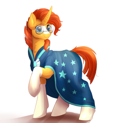 Size: 1900x2000 | Tagged: safe, artist:peachmayflower, sunburst, g4, cape, clothes, cute, looking at you, male, raised hoof, simple background, smiling, solo, white background