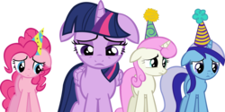Size: 15818x7936 | Tagged: safe, artist:cyanlightning, minuette, pinkie pie, twilight sparkle, twinkleshine, alicorn, pony, amending fences, g4, .svg available, absurd resolution, floppy ears, hat, party hat, sad, simple background, transparent background, twilight sparkle (alicorn), vector