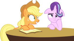Size: 15012x8356 | Tagged: safe, artist:cyanlightning, applejack, starlight glimmer, every little thing she does, g4, .svg available, absurd resolution, book, bored, fiducia compellia, floppy ears, hat, hypnosis, hypnotized, simple background, table, transparent background, vector