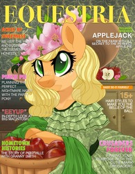 Size: 800x1024 | Tagged: safe, artist:itstaylor-made, applejack, g4, alternate hairstyle, apple, bucket, clothes, dress, female, food, hat, magazine, magazine cover, solo, watermark