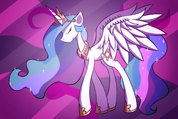Size: 3000x2000 | Tagged: safe, artist:malphee, princess celestia, g4, eyes closed, female, floppy ears, frown, high res, solo, spread wings, walking