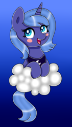 Size: 1440x2560 | Tagged: safe, artist:vivi04264, princess luna, g4, blushing, cloud, female, filly, smiling, solo, woona, younger