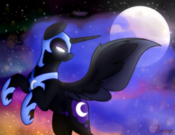 Size: 1024x785 | Tagged: safe, artist:jazzerix, nightmare moon, alicorn, pony, g4, female, flying, glowing eyes, moon, night, rearing, solo, spread wings, stars, twilight (astronomy)