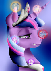 Size: 2048x2860 | Tagged: safe, artist:scalestroke315, applejack, fluttershy, pinkie pie, rainbow dash, rarity, twilight sparkle, alicorn, pony, blue background, bust, crying, female, immortality blues, mane six, mare, portrait, simple background, twilight sparkle (alicorn), twilight will outlive her friends, ultimate twilight