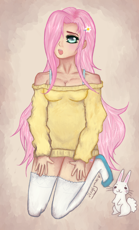 1285640 Safe Artistjinglymoo Fluttershy Human Bra Strap Breasts Cleavage Clothes 