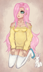 Size: 536x886 | Tagged: safe, artist:jinglymoo, fluttershy, human, g4, bra strap, breasts, cleavage, clothes, female, humanized, push-ups, solo, sweater, sweatershy