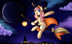 Size: 6500x4000 | Tagged: safe, artist:puffysmosh, oc, oc only, oc:earthlight aurora, pony, broom, flying, flying broomstick, solo, witch