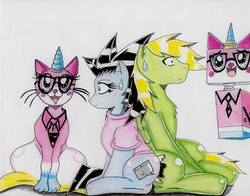 Size: 3220x2528 | Tagged: safe, artist:haruka takahashi, oc, oc only, oc:haruka takahashi, oc:michael, cat, earth pony, pegasus, pony, bowtie, catified, confused, crossover, glasses, high res, lego, species swap, the lego movie, traditional art, unikitty