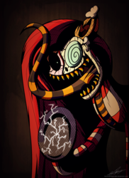 Size: 1600x2200 | Tagged: safe, artist:therandomjoyrider, oc, oc only, oc:candymare, fanfic:something sweet to bite, creepy, dia de los muertos, electricity, halloween, hoof hold, open mouth, sharp teeth, signature, solo, swirly eyes, teeth