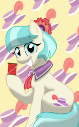 Size: 1200x1920 | Tagged: safe, artist:theroyalprincesses, coco pommel, g4, cocobetes, cute, female, grin, hoof hold, looking at you, smiling, solo, spool, thread