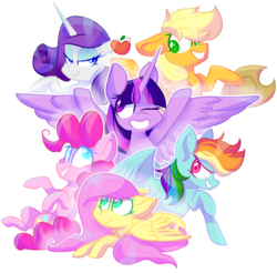 Size: 2201x2169 | Tagged: safe, artist:olivecow, applejack, fluttershy, pinkie pie, rainbow dash, rarity, twilight sparkle, alicorn, pony, g4, apple, food, grin, high res, mane six, one eye closed, simple background, smiling, transparent background, twilight sparkle (alicorn), wink