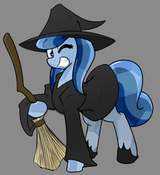 Size: 636x695 | Tagged: safe, artist:whatsapokemon, oc, oc only, oc:heart song, crystal pony, broom, clothes, costume, grin, hat, holding, looking at you, one eye closed, simple background, smiling, solo, wink, witch, witch hat
