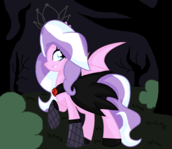 Size: 1024x883 | Tagged: dead source, safe, artist:eyeless-nastya, diamond tiara, bat pony, pony, vampire, g4, alternate hairstyle, clothes, cute little fangs, fangs, female, fishnet stockings, flats, forest, halloween, night, nightmare night, race swap, request, shoes, solo, stockings