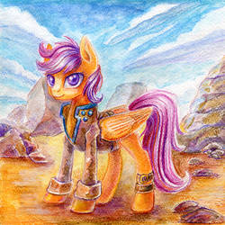 Size: 900x900 | Tagged: safe, artist:asimos, artist:maytee, scootaloo, pegasus, pony, g4, clothes, female, rock, solo, traditional art