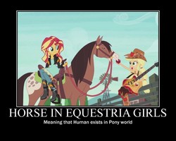 Size: 750x600 | Tagged: safe, applejack, sunset shimmer, horse, equestria girls, friendship through the ages, g4, logic bomb, motivational poster, sleeveless